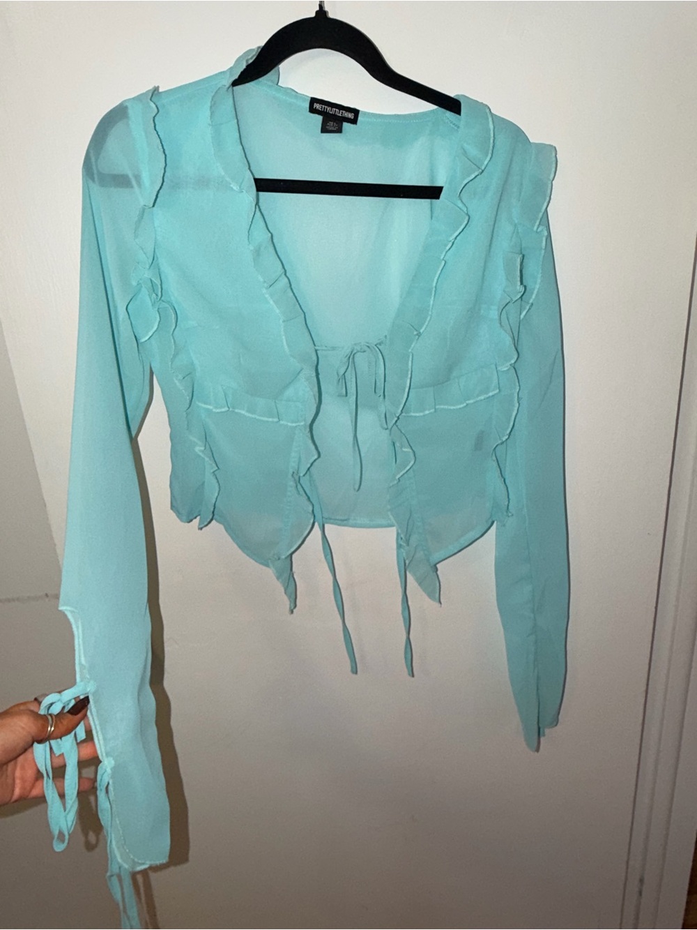 PrettyLittleThing Aqua Ruffle Tie-Front Blouse
